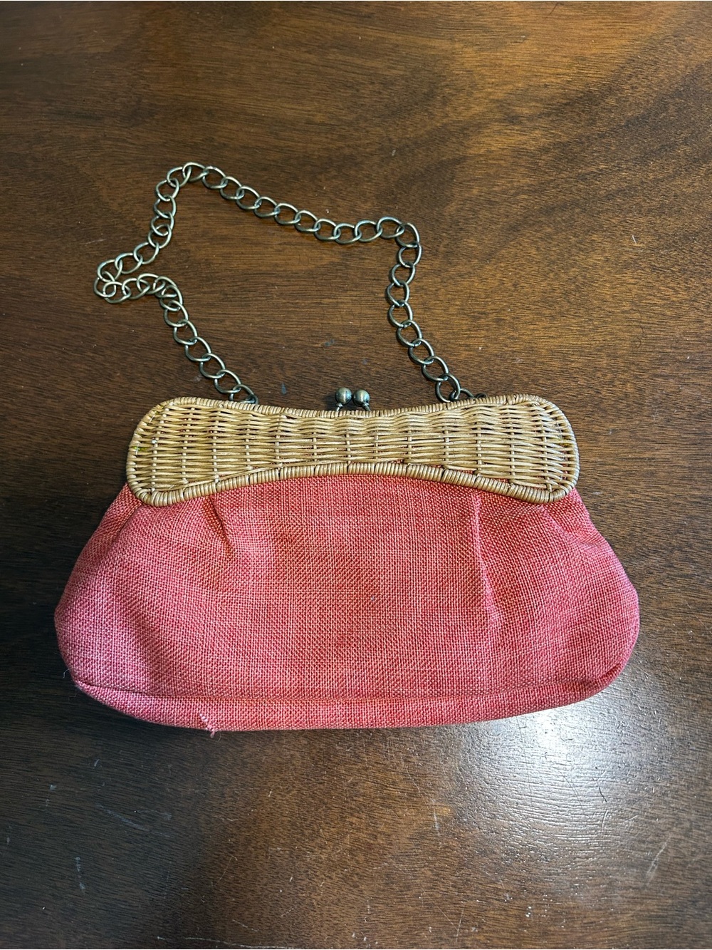 VINTAGE linen and wicker Coral Pink Chain-Handle Women’s Clutch